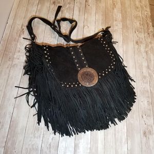 Large Zara Studded Suede Leather Fringe Hobo Bag